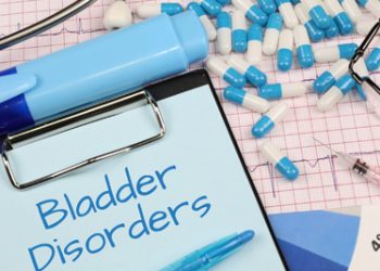 Clipboard labelled 'Bladder Disorders' with pills, syringe, and medical tools symbolising treatment of bladder pain syndrome.