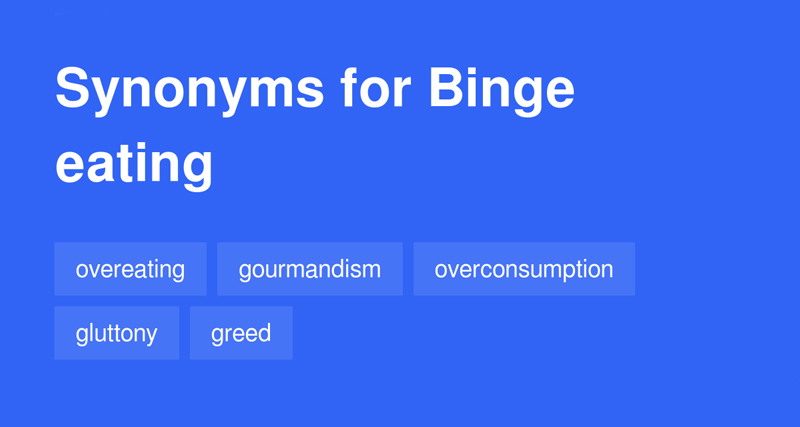 List of synonyms for binge eating, including overeating, gluttony, and overconsumption, highlighting language associated with disordered eating.