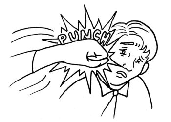 Cartoon drawing of a man getting punched in the face with the word “PUNCH” illustrating the cause of a black eye.