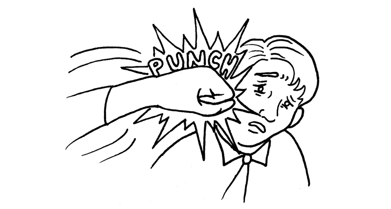 Cartoon drawing of a man getting punched in the face with the word “PUNCH” illustrating the cause of a black eye.