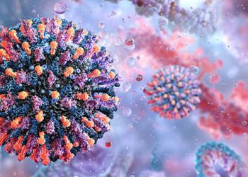 3D illustration of respiratory syncytial virus (RSV) particles, a common cause of bronchiolitis
