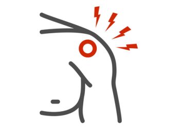 Illustration of a knee with red pain indicators suggesting bursitis