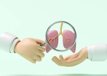 3D illustration of lungs under a magnifying glass used to represent bronchiolitis diagnosis