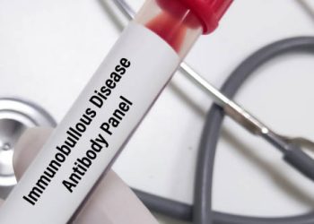 Blood sample labelled "Immunobullous Disease Antibody Panel" with stethoscope in background