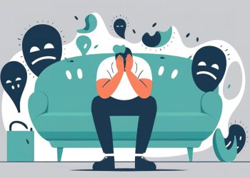 Illustration of a person sitting on a couch with their head in hands, surrounded by negative thoughts symbolising Body Dysmorphic Disorder (BDD).