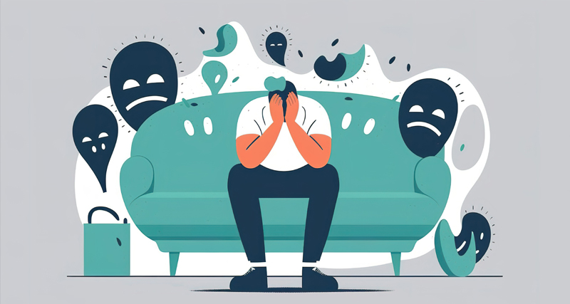 Illustration of a person sitting on a couch with their head in hands, surrounded by negative thoughts symbolising Body Dysmorphic Disorder (BDD).