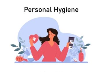 Illustration of a woman practicing personal hygiene, surrounded by toiletries and self-care products.