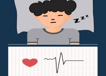 Illustration of a sleeping person with a heart rate monitor showing an abnormal ECG pattern