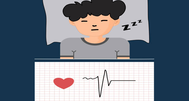 Illustration of a sleeping person with a heart rate monitor showing an abnormal ECG pattern