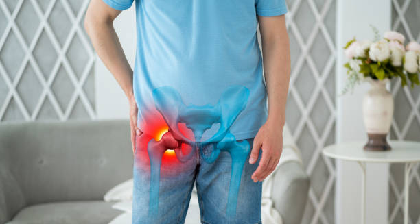 Person experiencing hip pain with medical overlay highlighting inflammation