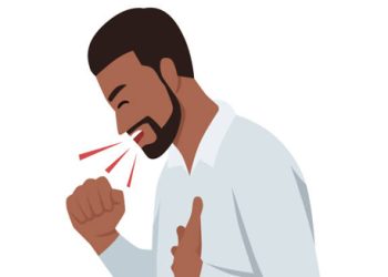 Illustration of a man coughing with hand on chest