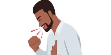 Illustration of a man coughing with hand on chest