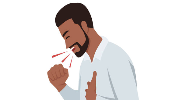 Illustration of a man coughing with hand on chest