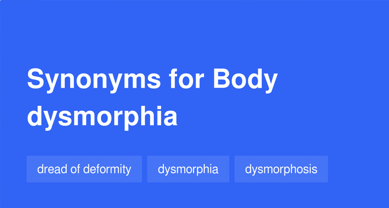 Visual showing synonyms for Body Dysmorphic Disorder (BDD) on a blue background, including dysmorphia and dread of deformity.