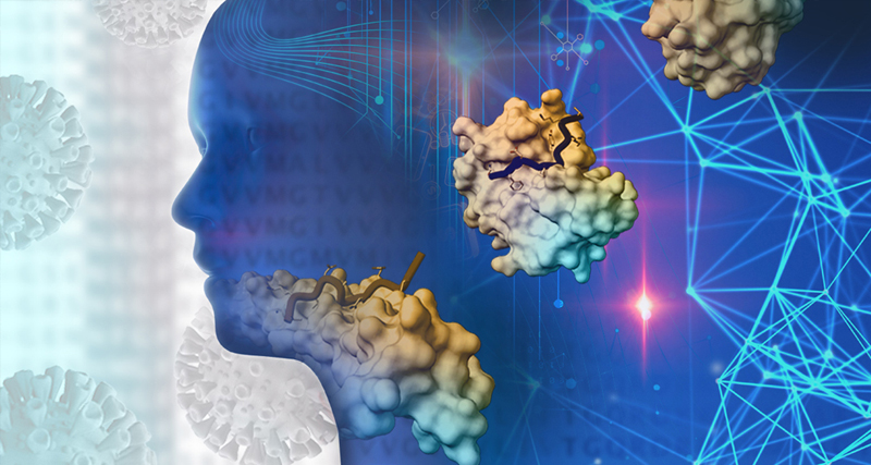 Illustration of antiviral interaction and virus structures representing treatment and prevention strategies for bird flu.