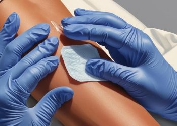 A healthcare professional applying a bandage after an intravenous procedure, symbolising chemotherapy for bile duct cancer.