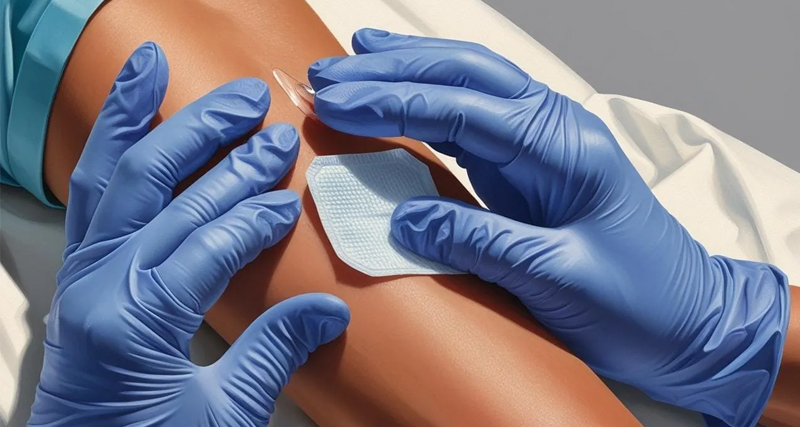 A healthcare professional applying a bandage after an intravenous procedure, symbolising chemotherapy for bile duct cancer.