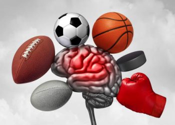Brain surrounded by sports equipment symbolising head trauma as a cause of chronic traumatic encephalopathy.