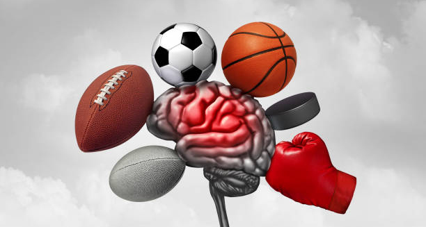 Brain surrounded by sports equipment symbolising head trauma as a cause of chronic traumatic encephalopathy.