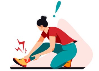 Illustration of a woman holding her lower leg in pain with injury symbols