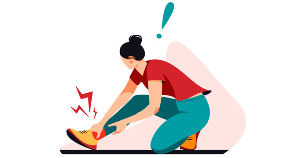 Illustration of a woman holding her lower leg in pain with injury symbols