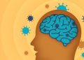 Illustration of a brain with virus-like particles, symbolising unknown and neurological causes of corticobasal degeneration.