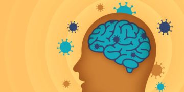 Illustration of a brain with virus-like particles, symbolising unknown and neurological causes of corticobasal degeneration.