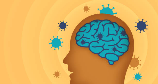 Illustration of a brain with virus-like particles, symbolising unknown and neurological causes of corticobasal degeneration.