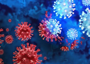 Microscopic view of bacteria and viruses floating in a blue fluid environment.