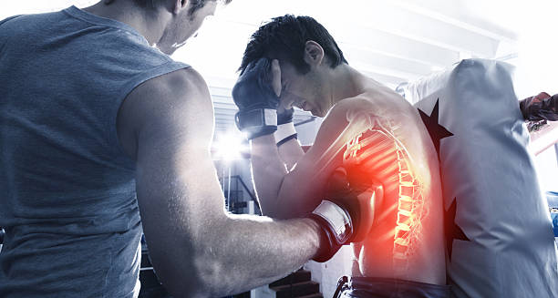 Boxer receiving a blow to the ribs with an illustration highlighting rib impact, showing a possible cause of a cracked rib.