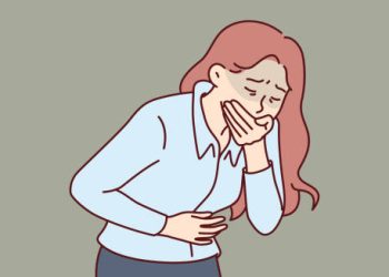 Illustration of a woman feeling nauseous and clutching her stomach due to cholera