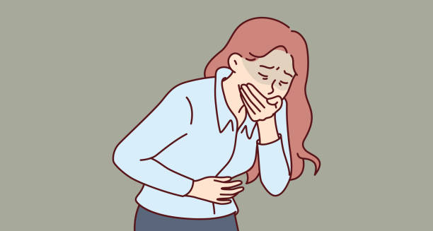 Illustration of a woman feeling nauseous and clutching her stomach due to cholera
