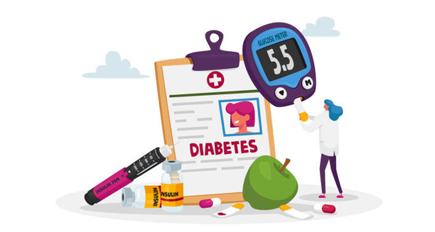 Illustration showing diabetes management tools, medication, and glucose monitoring for diabetic ketoacidosis recovery