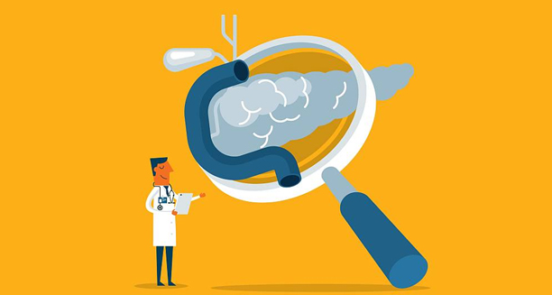 Doctor examining pancreas through magnifying glass representing chronic pancreatitis diagnosis.