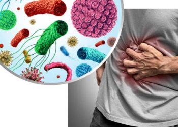 Illustration of Clostridium difficile bacteria causing abdominal pain in a patient