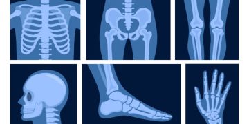 Illustrated X-rays of various body parts including skull, chest, pelvis, limbs, and hand