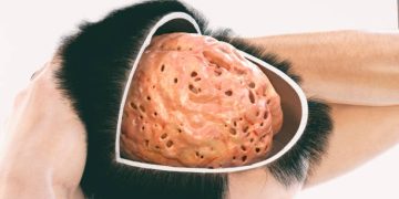 Illustration of a brain with visible atrophy and lesions, symbolising neurological damage from corticobasal degeneration.