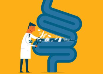 Illustration of a doctor examining intestines with a magnifying glass, symbolising microbial diagnosis.
