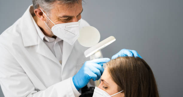 Dermatologist examining a patient's scalp for dandruff under a magnifying lamp