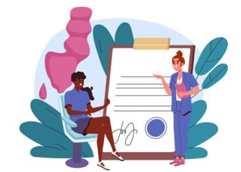 Illustration of a healthcare professional discussing a medical report with a seated patient