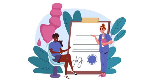 Illustration of a healthcare professional discussing a medical report with a seated patient