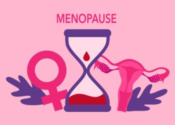 Illustrated hourglass with uterus and female symbol representing menopause