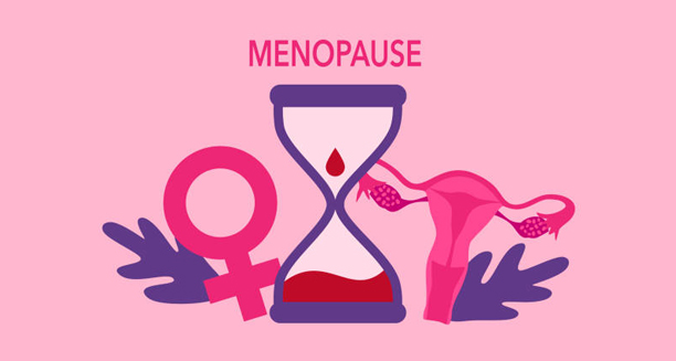 Illustrated hourglass with uterus and female symbol representing menopause