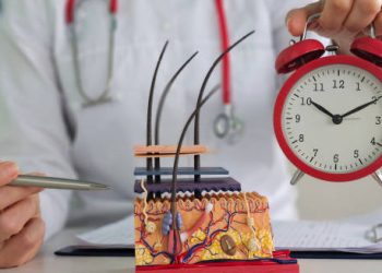 Doctor with skin model and clock discussing sweat gland activity