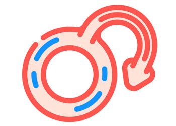 Stylised icon representing male reproductive system with a curved arrow indicating inflammation