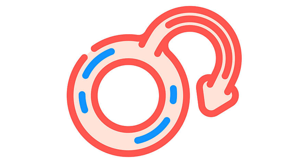Stylised icon representing male reproductive system with a curved arrow indicating inflammation