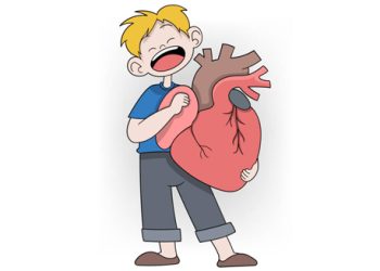 Cartoon child holding a large heart symbolising congenital heart defect