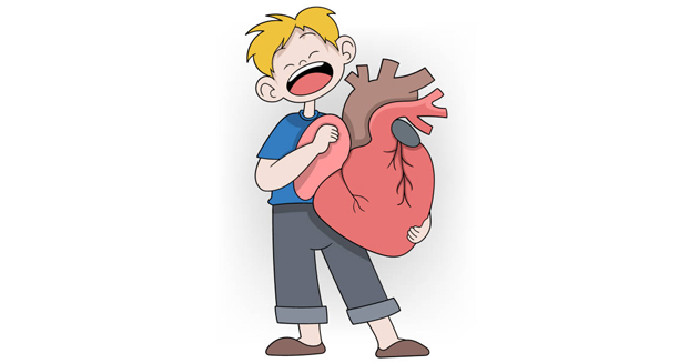 Cartoon child holding a large heart symbolising congenital heart defect