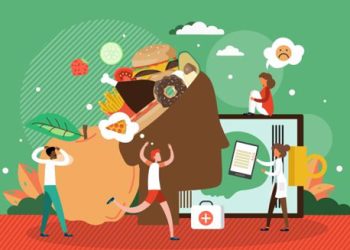 Illustration of mental health professionals and individuals addressing unhealthy eating habits