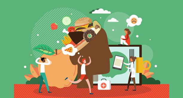 Illustration of mental health professionals and individuals addressing unhealthy eating habits